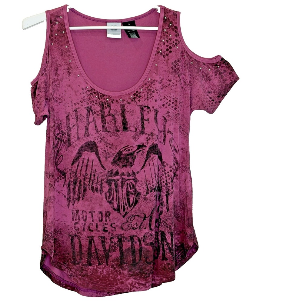 Harley Davidson Top Womens Size Small Raspberry Pink Embellished Cold Shoulder